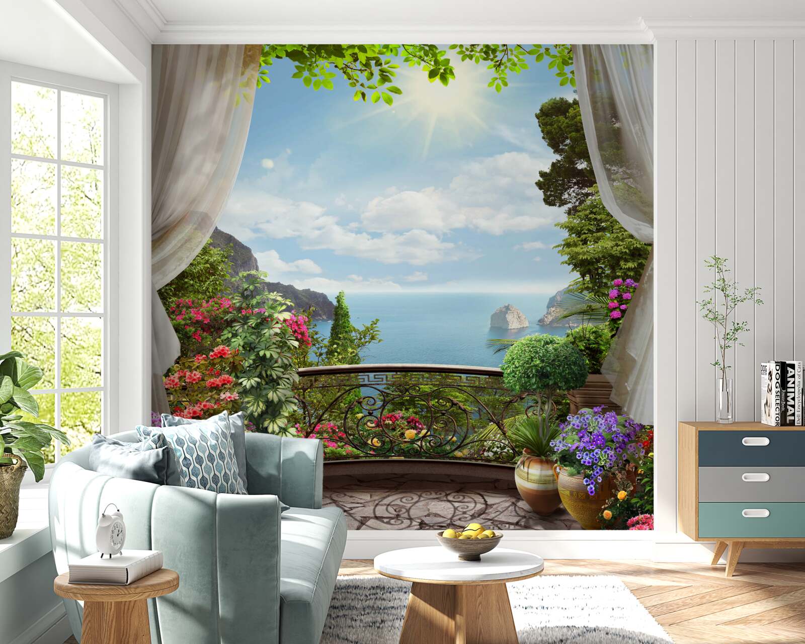 Fototapet de la balcon puteți vedea oceanul care se întinde până la orizont și stâncile abrupte