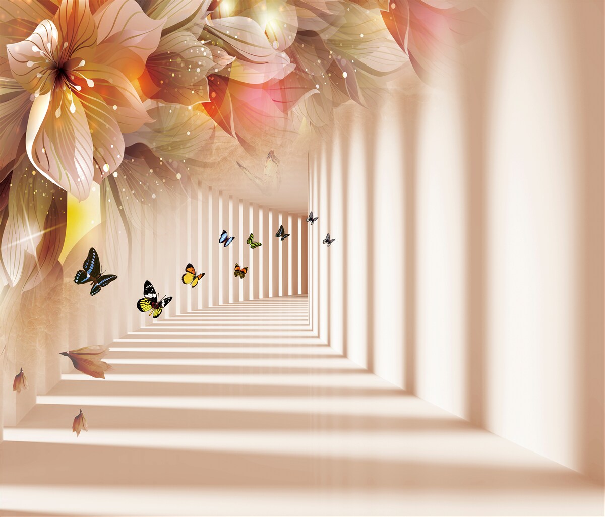Fototapet fluturii părăsesc florile proaspete și se îndreaptă spre tunel