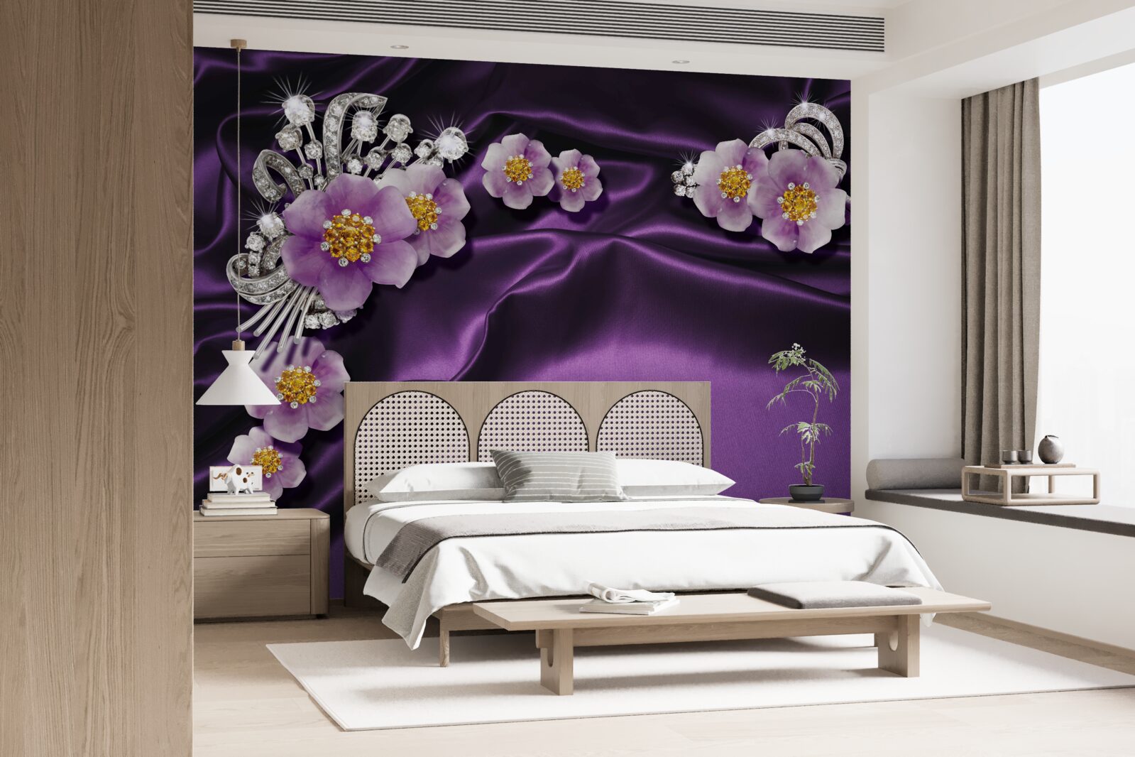 Fototapet Flori de liliac pe mătase închisă cu accente argintii