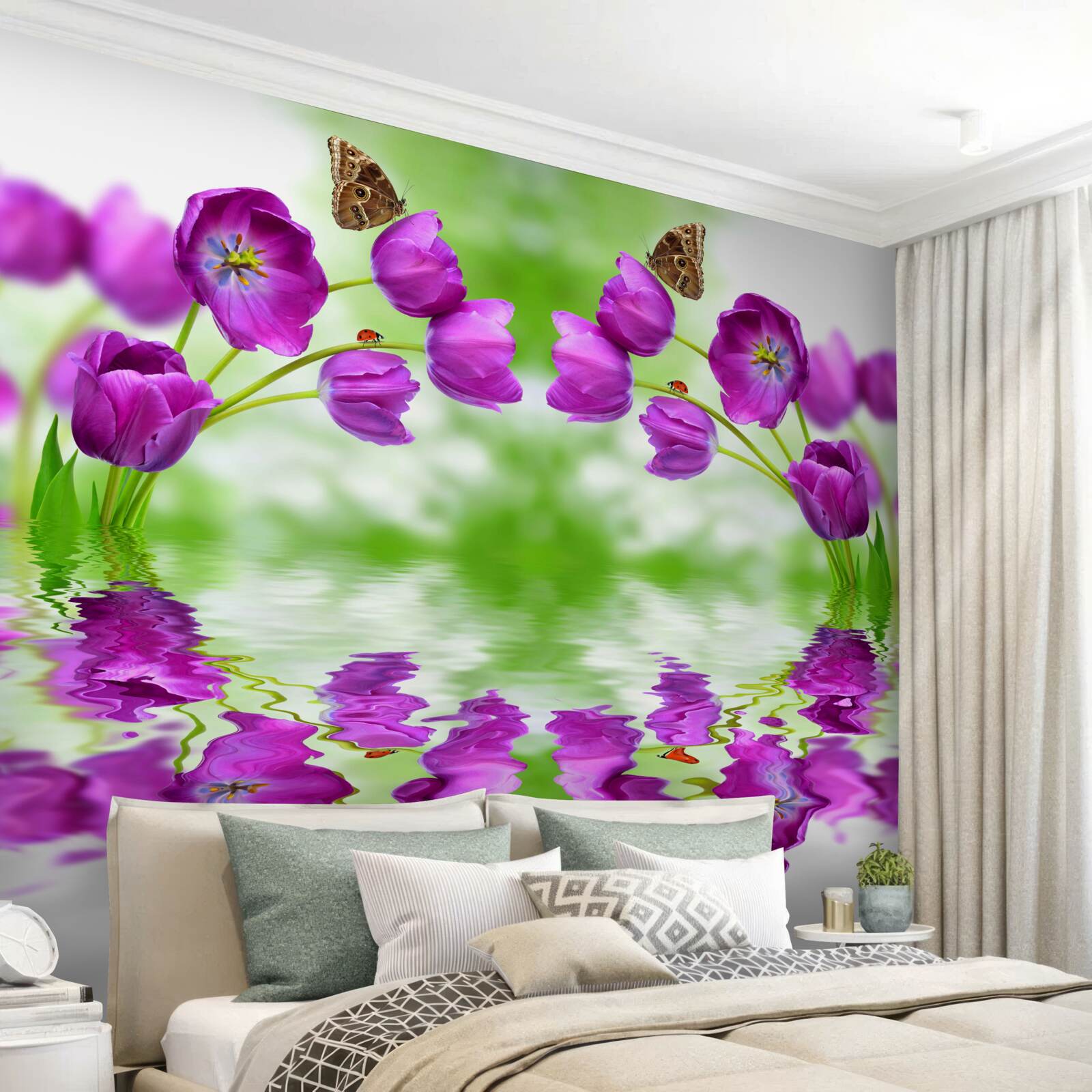 Fototapet florile reflectă fluturii care se odihnesc pe ele în apă
