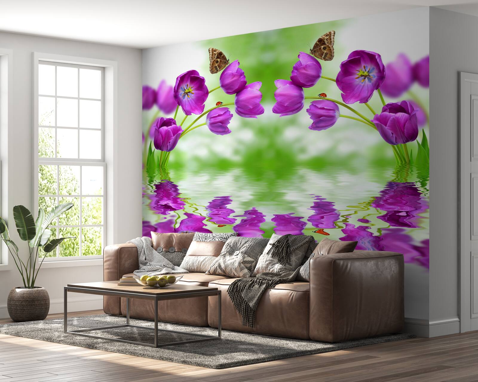 Fototapet florile reflectă fluturii care se odihnesc pe ele în apă