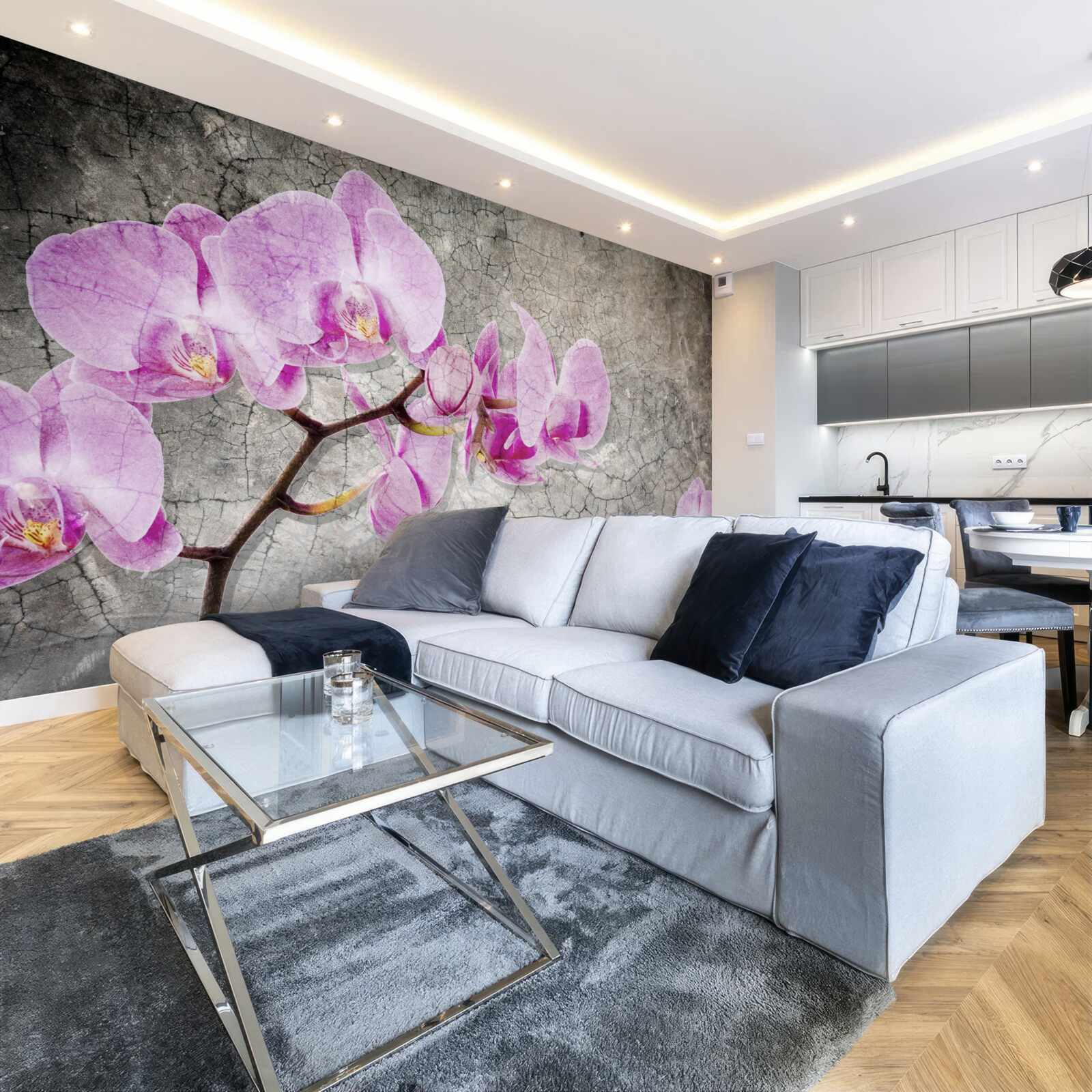 Fototapet ramuri de orhidee liliac pe un fundal gri