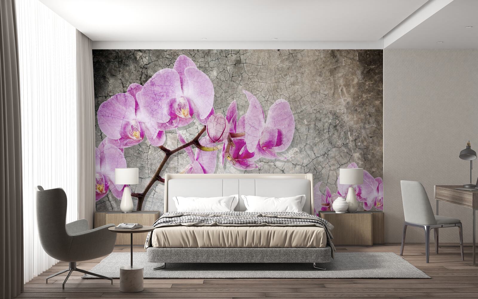Fototapet ramuri de orhidee liliac pe un fundal gri