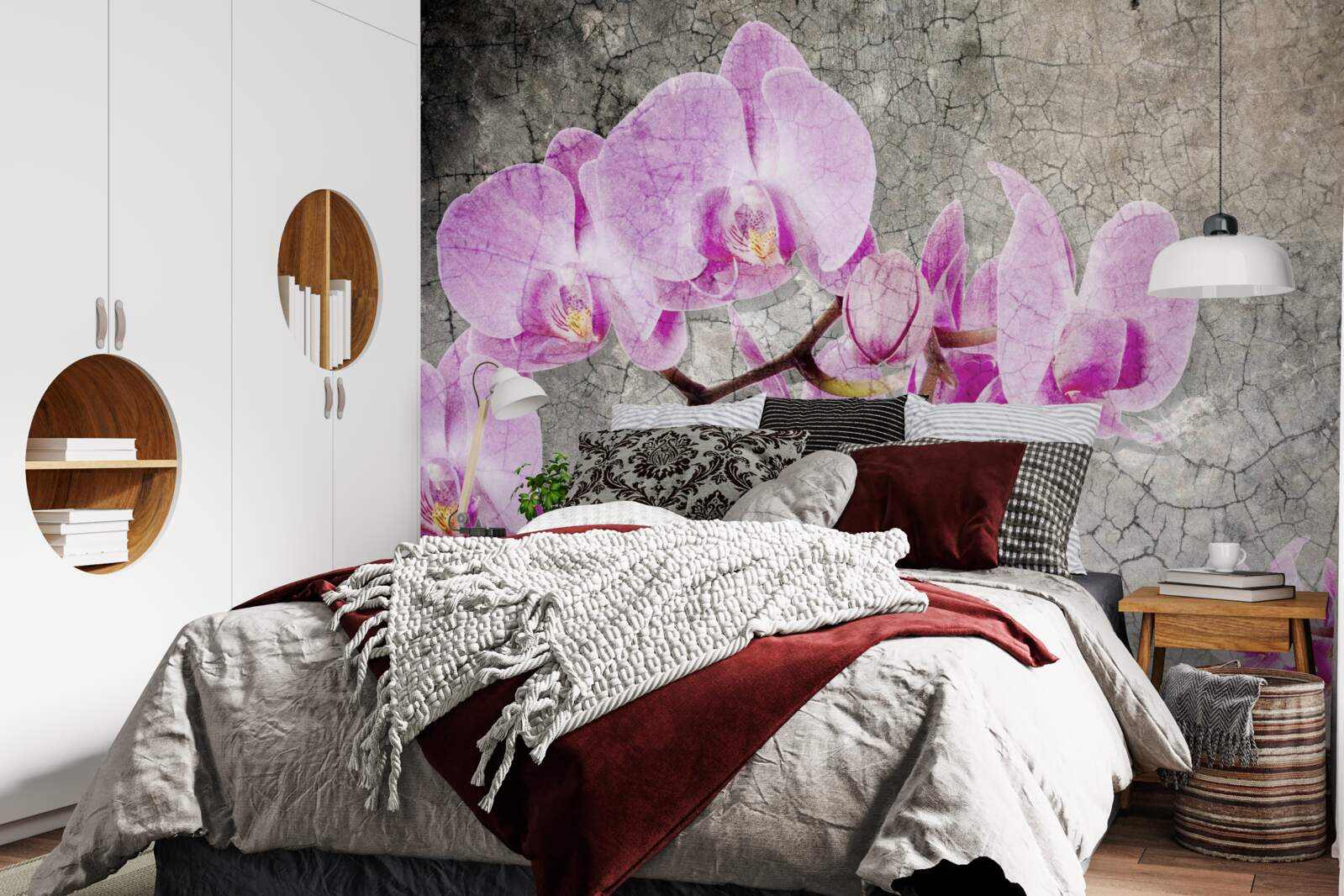 Fototapet ramuri de orhidee liliac pe un fundal gri