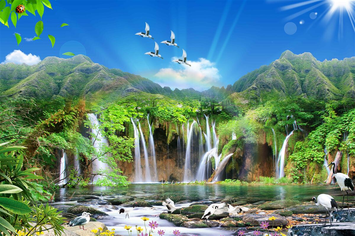 Fototapet păsările zboară deasupra cascadelor în regiunile tropicale