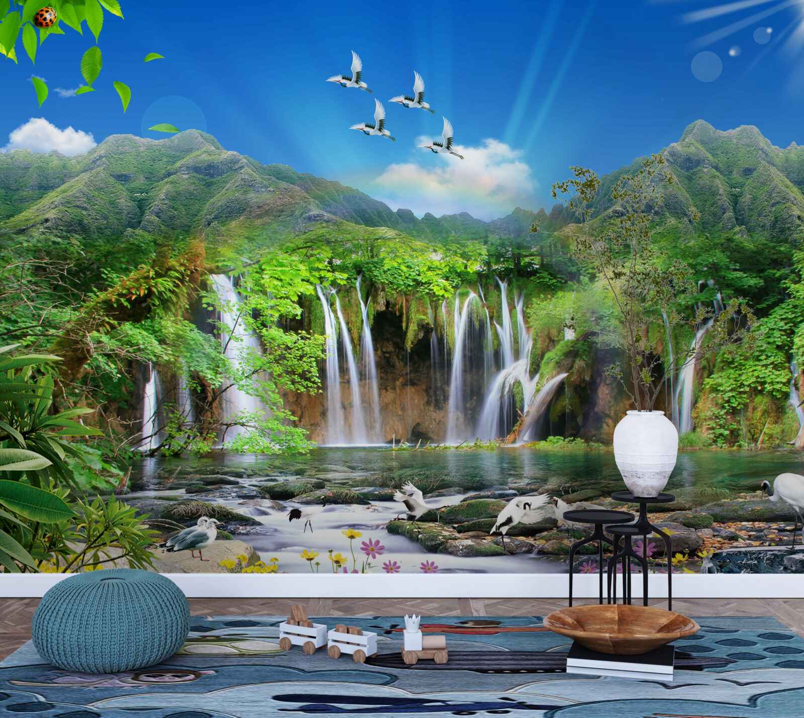 Fototapet păsările zboară deasupra cascadelor în regiunile tropicale