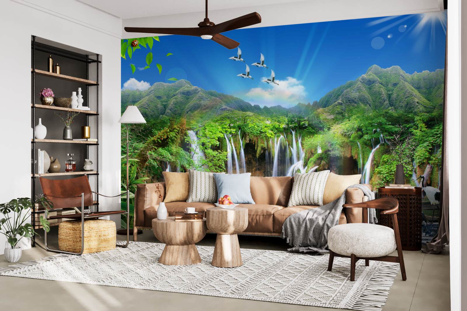 Fototapet păsările zboară deasupra cascadelor în regiunile tropicale