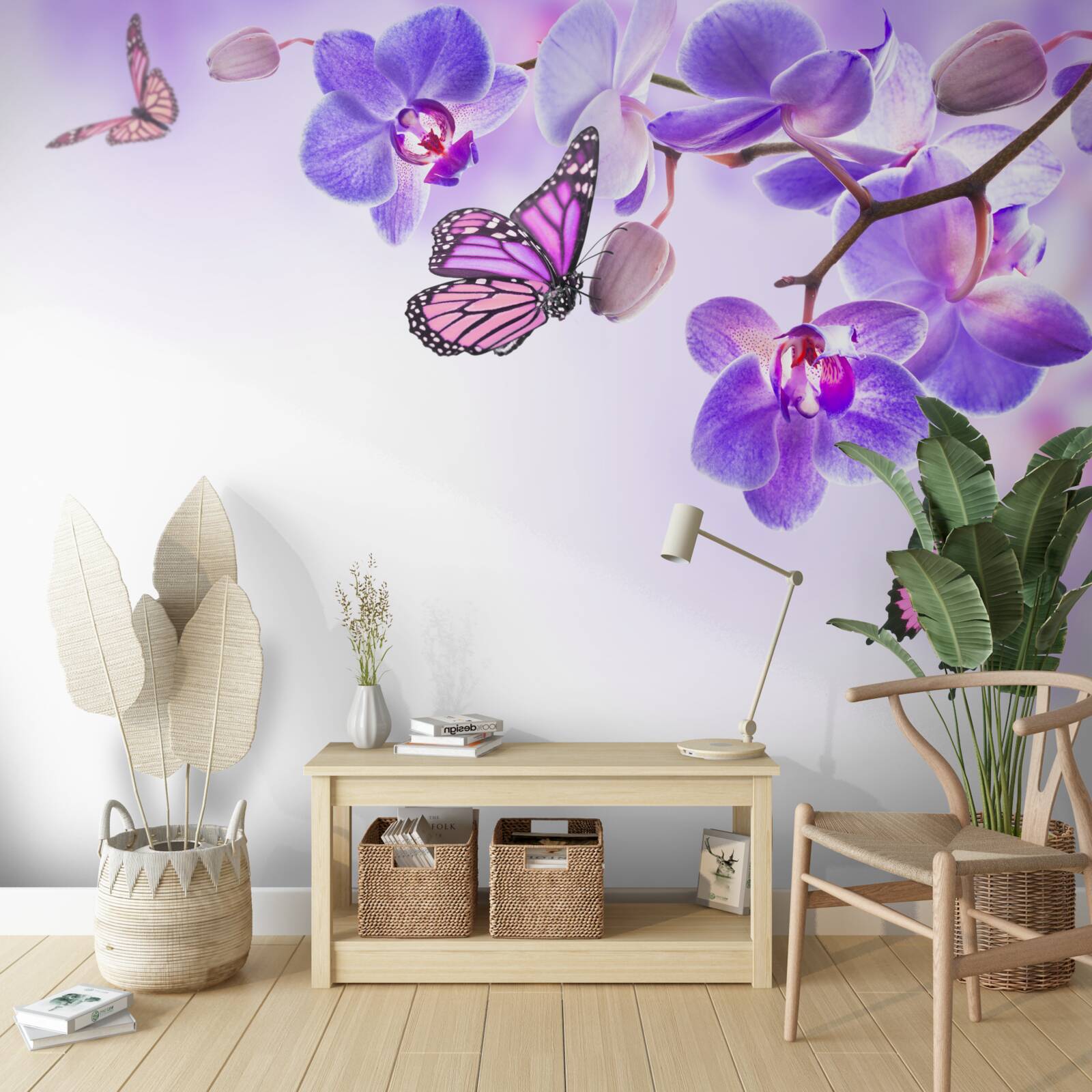 Fototapet fluturi plutesc peste orhidee cu petale albastru-violet