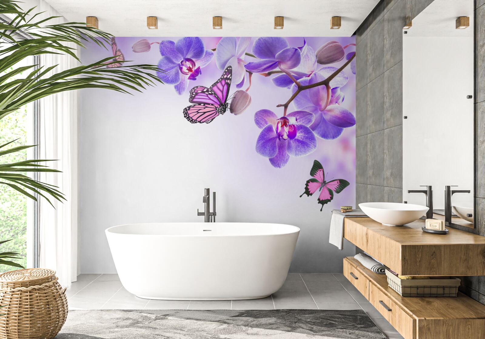 Fototapet fluturi plutesc peste orhidee cu petale albastru-violet
