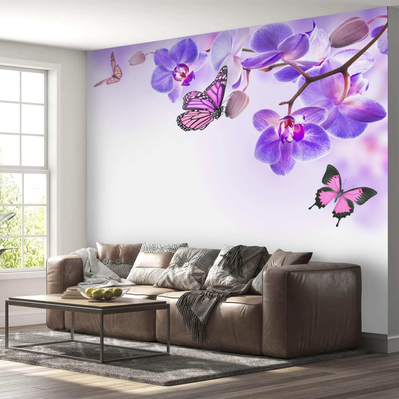 Fototapet fluturi plutesc peste orhidee cu petale albastru-violet