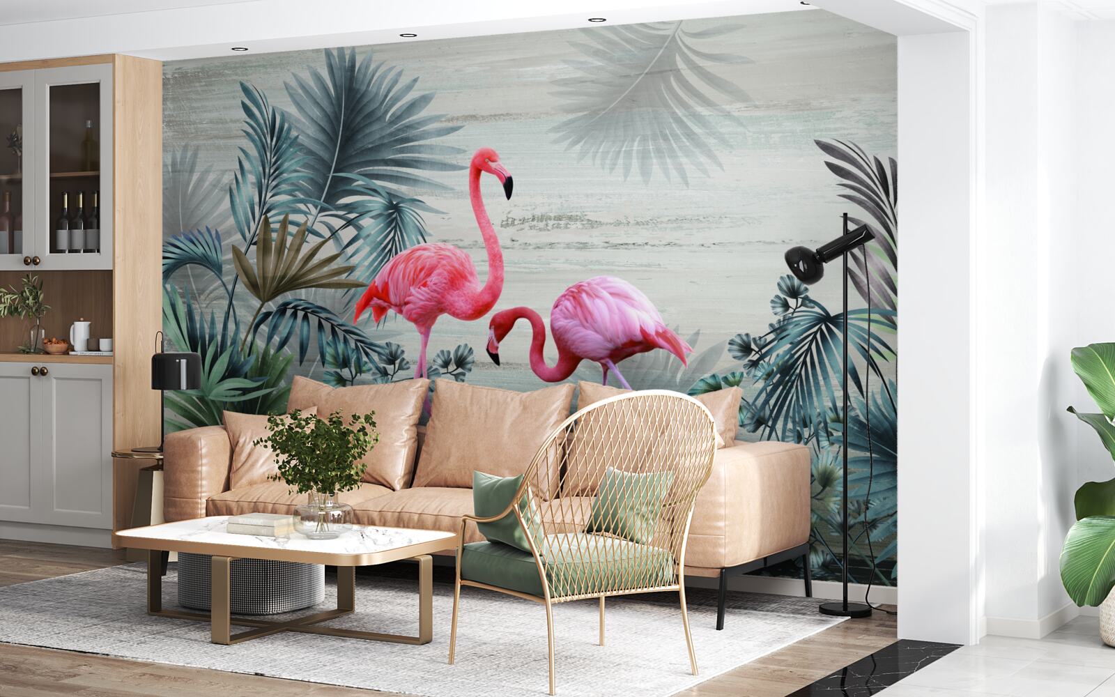 Fototapet flamingo în tonuri roz printre frunze verzi