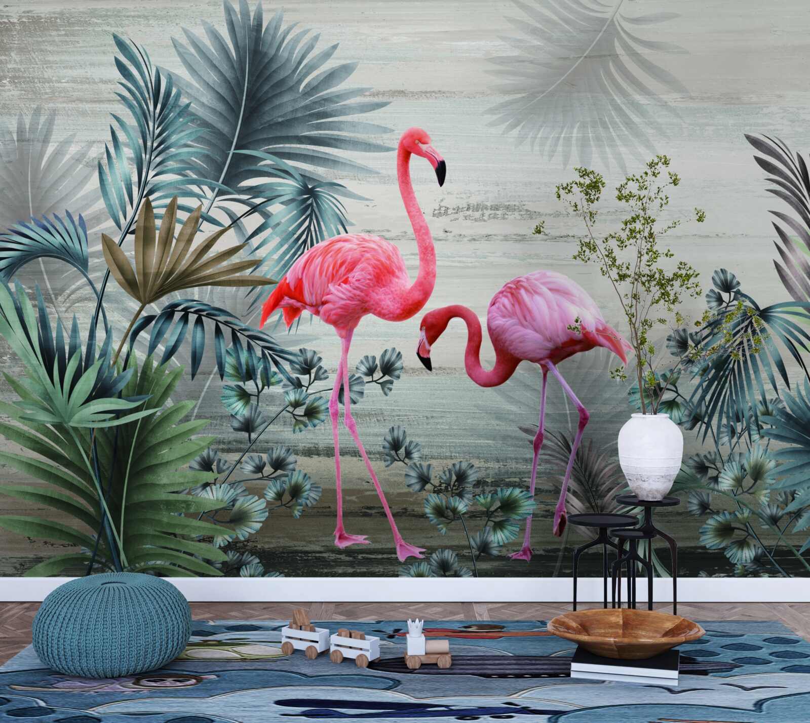 Fototapet flamingo în tonuri roz printre frunze verzi