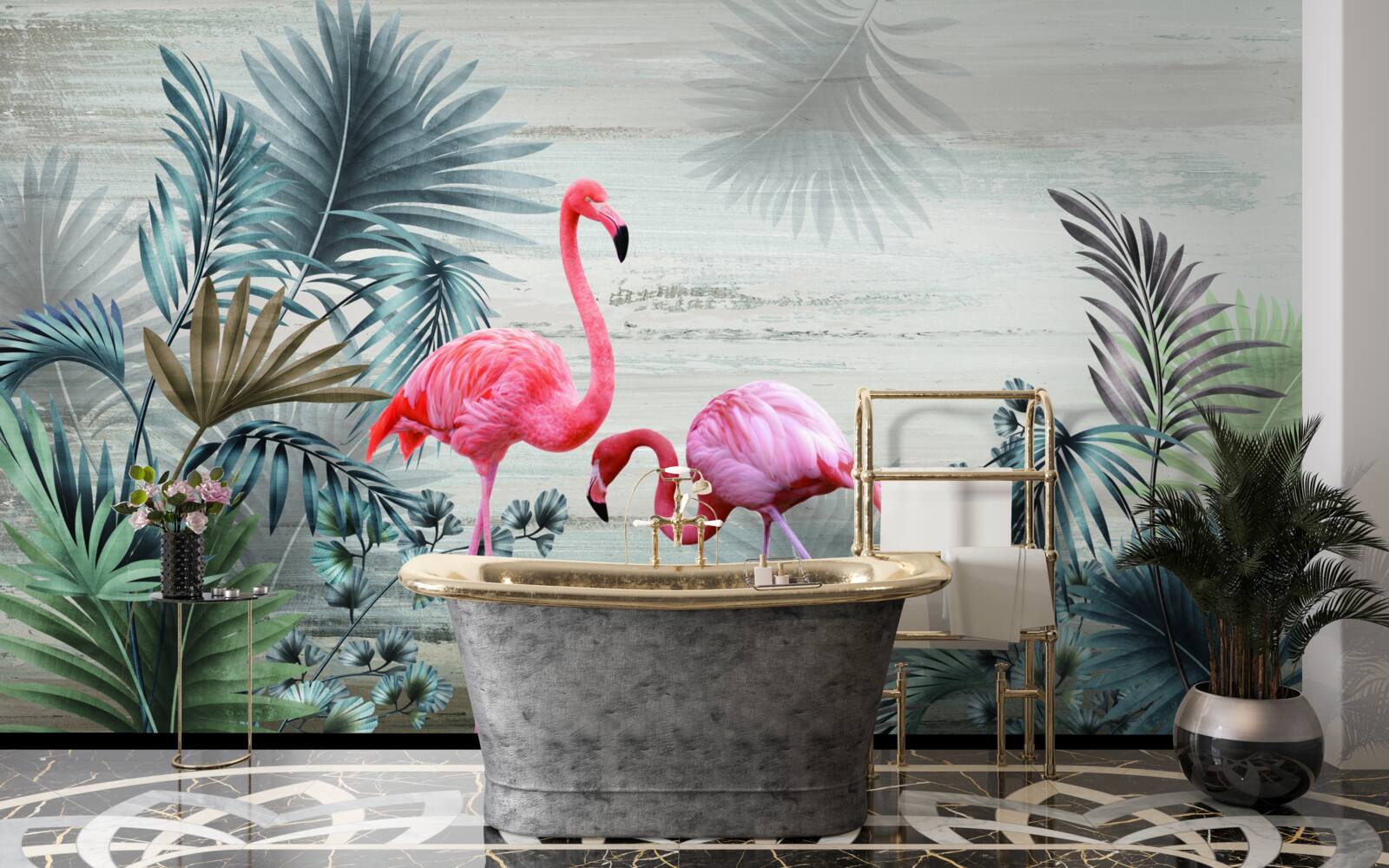 Fototapet flamingo în tonuri roz printre frunze verzi