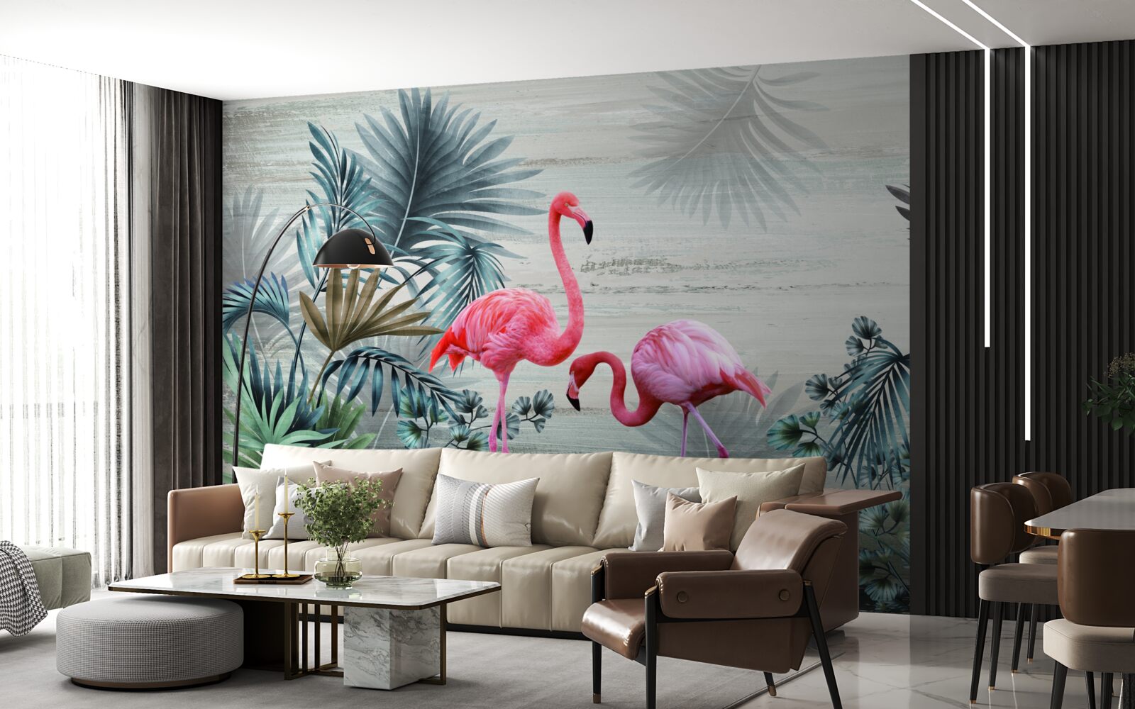 Fototapet flamingo în tonuri roz printre frunze verzi