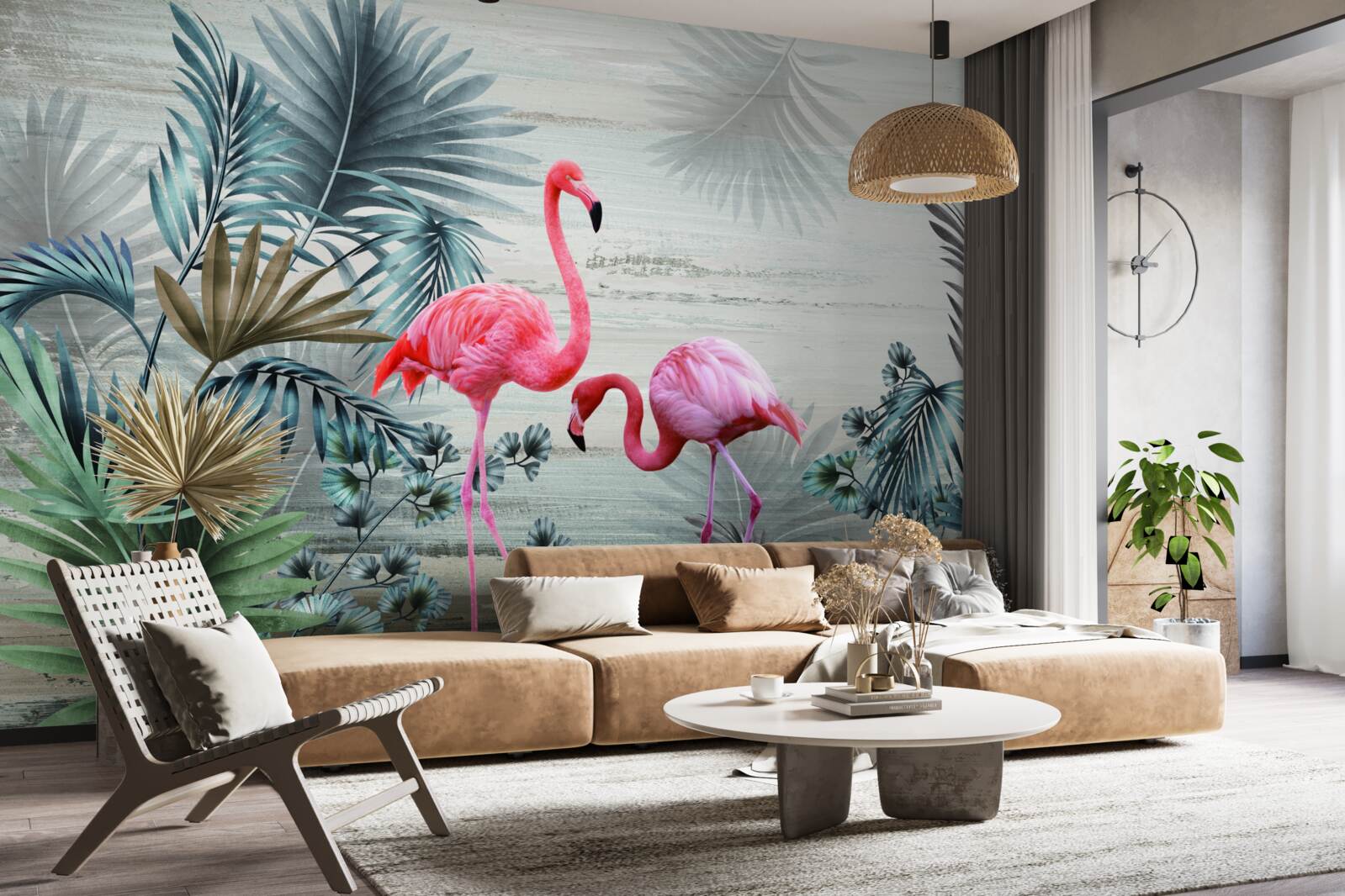 Fototapet flamingo în tonuri roz printre frunze verzi