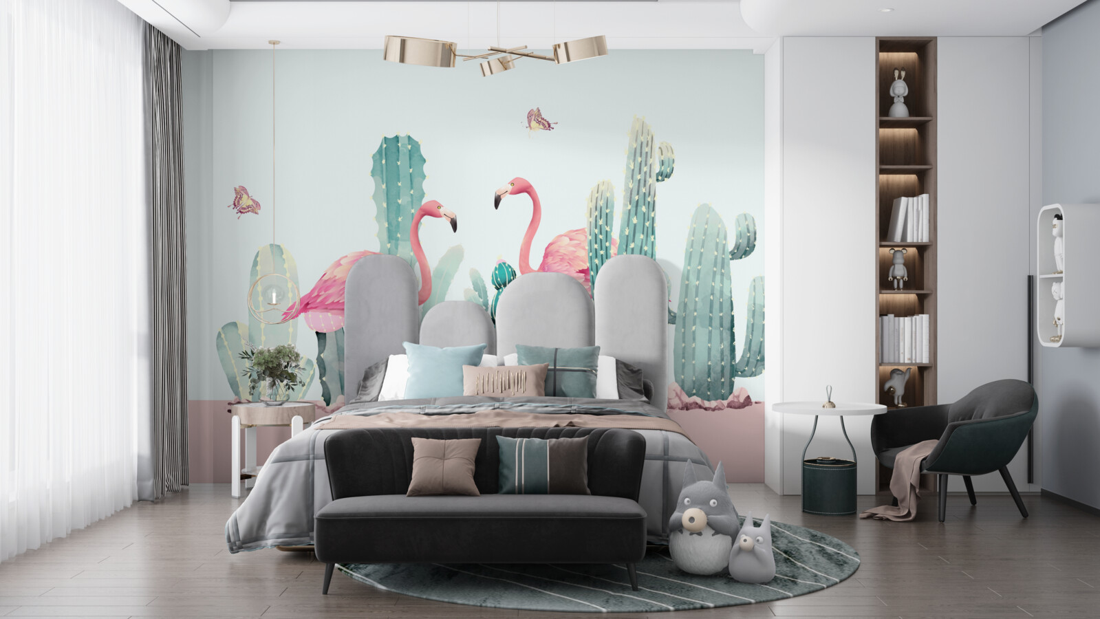 Fototapet flamingo roz printre cactuși