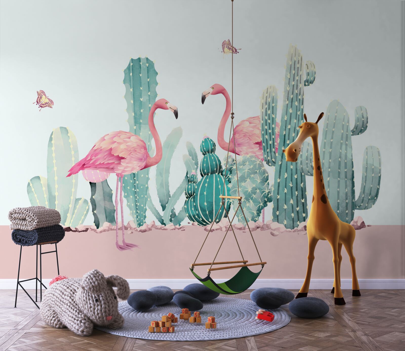 Fototapet flamingo roz printre cactuși