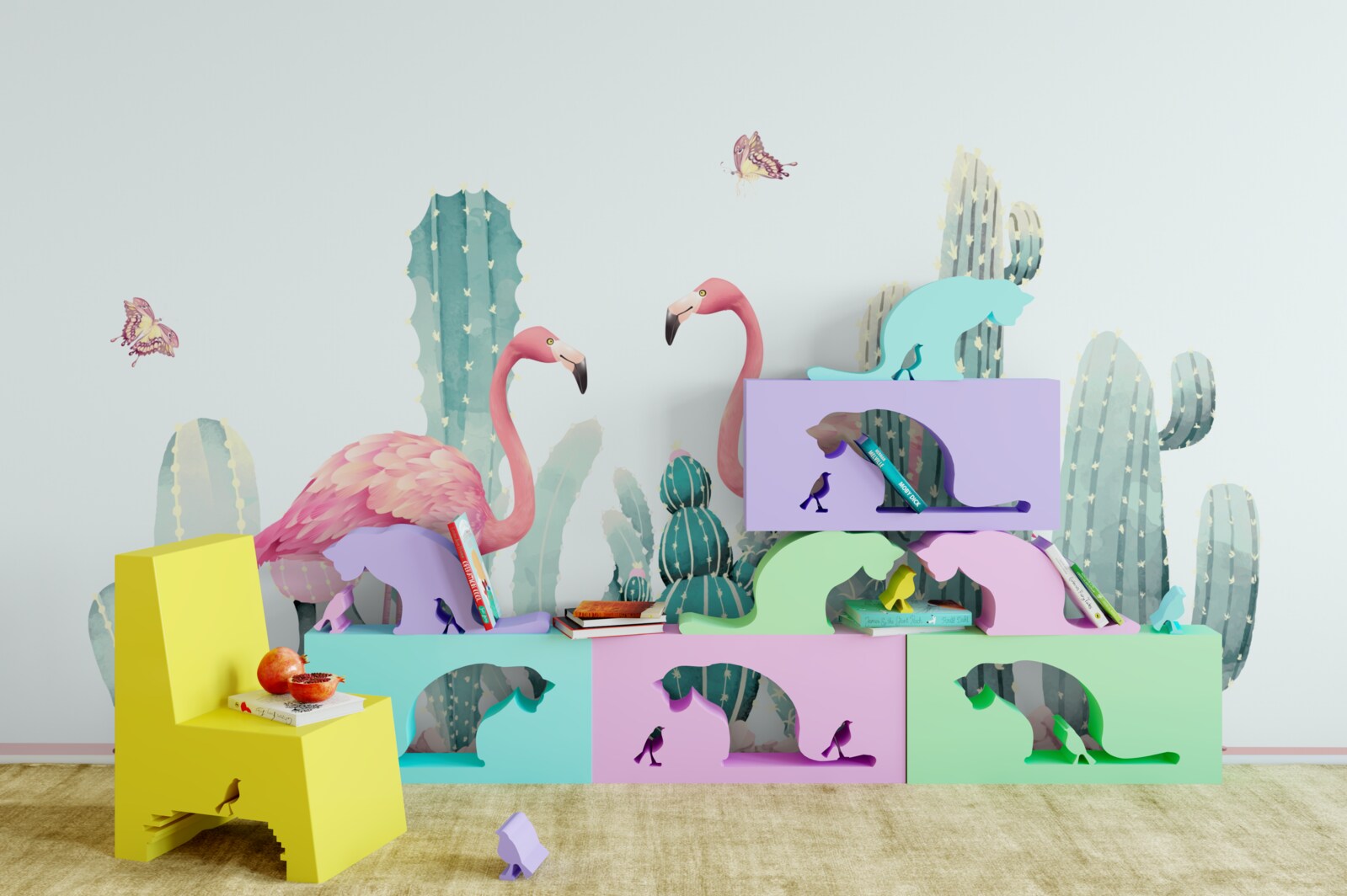 Fototapet flamingo roz printre cactuși