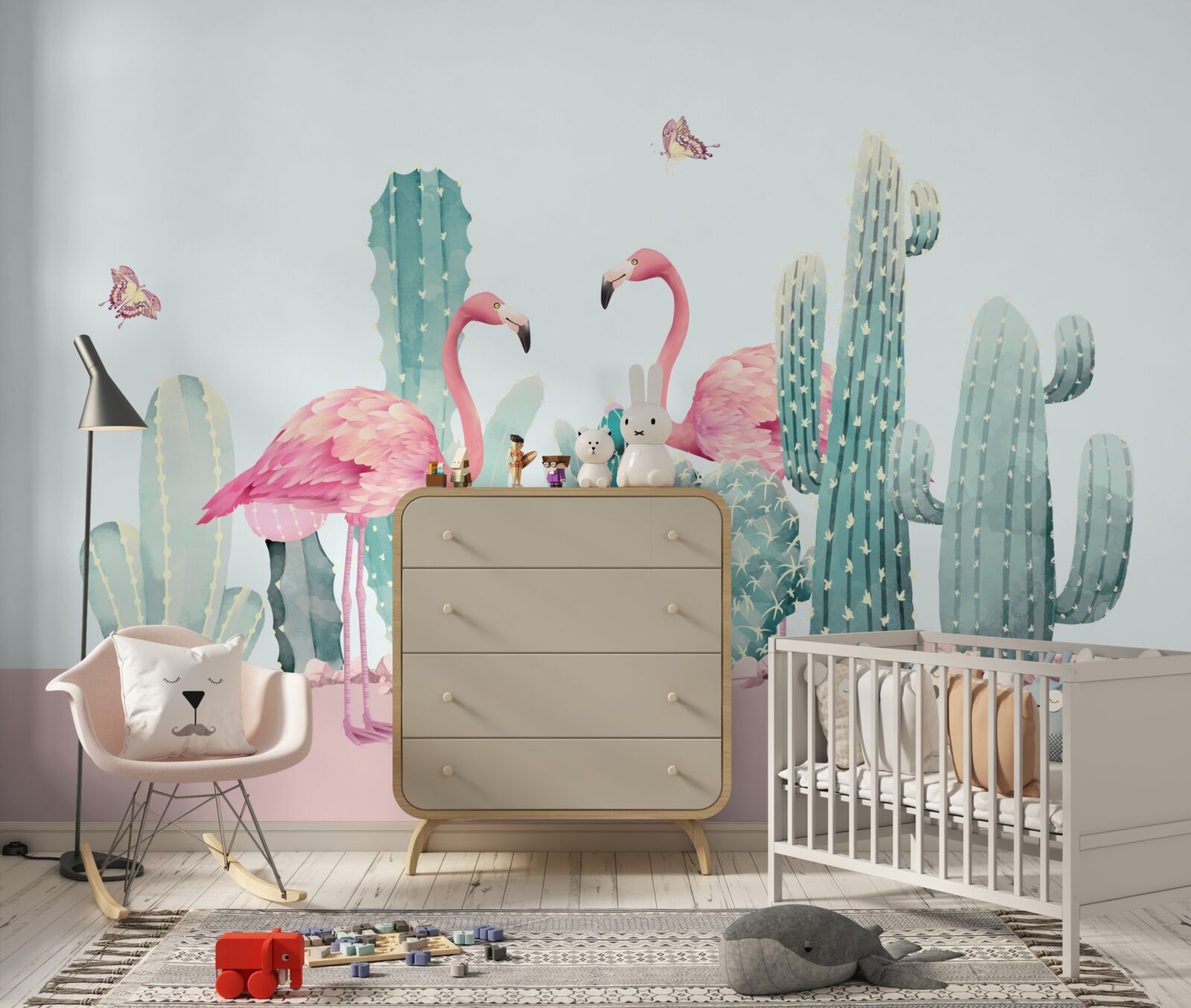 Fototapet flamingo roz printre cactuși