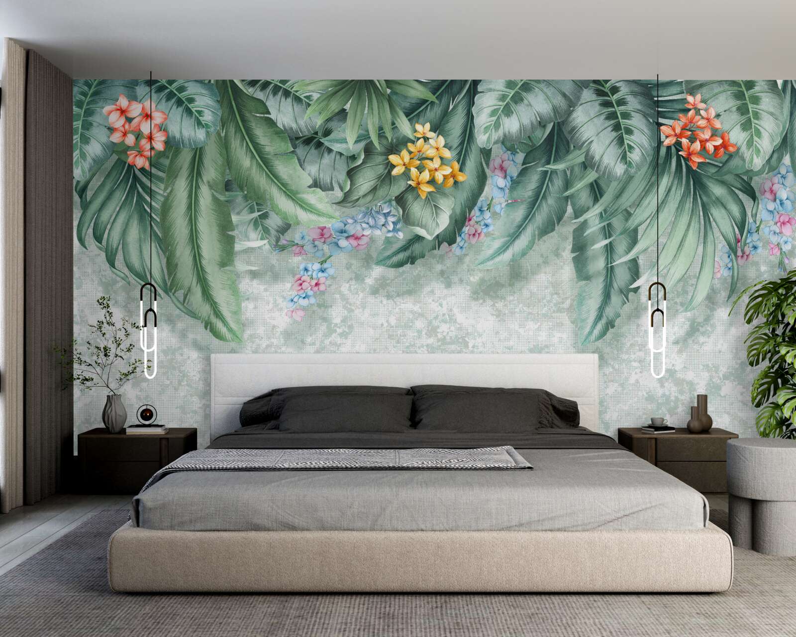 Fototapet frunze verzi decorate cu flori