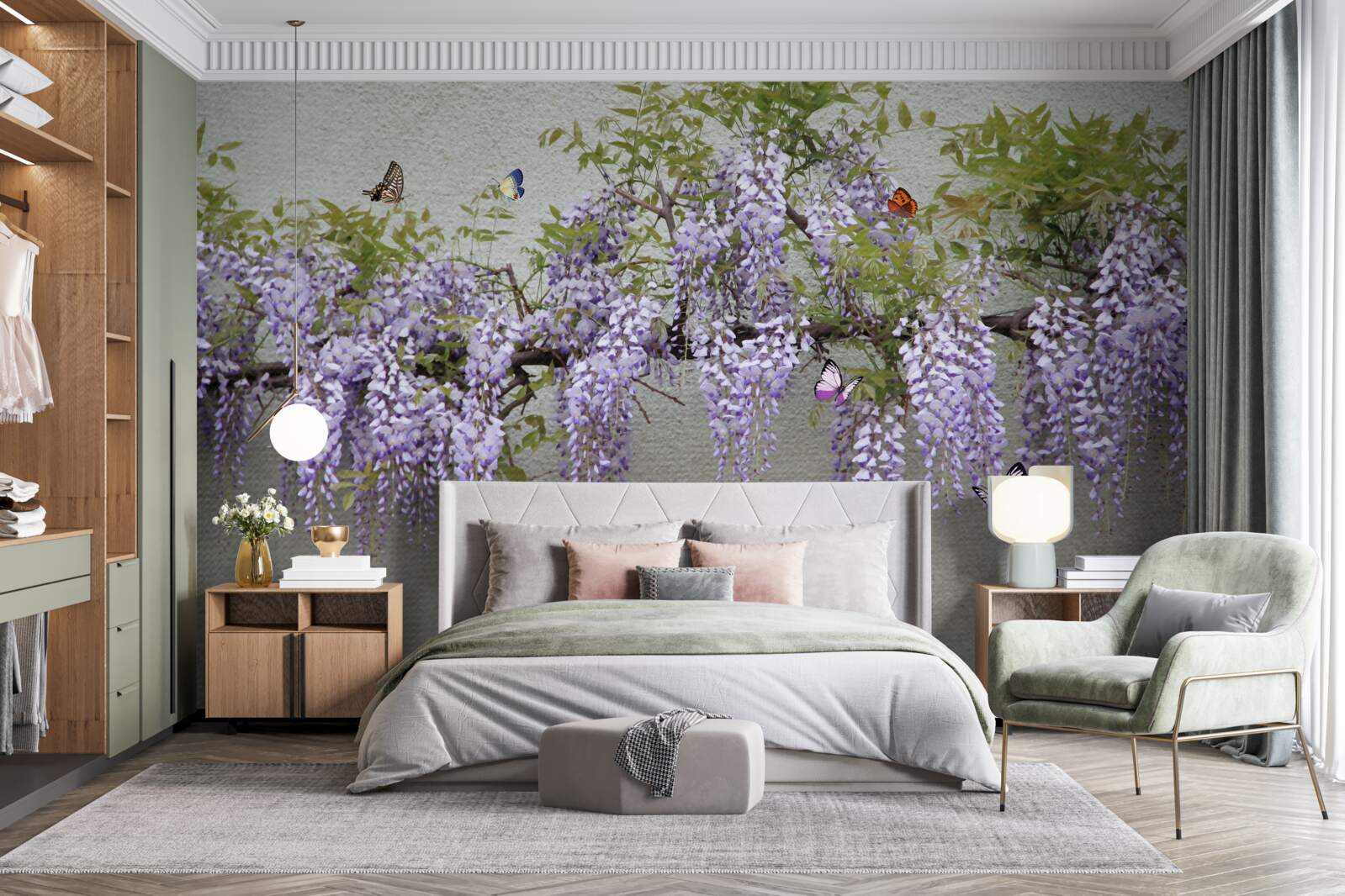 Fototapet fluturii zboară în jurul florilor de liliac
