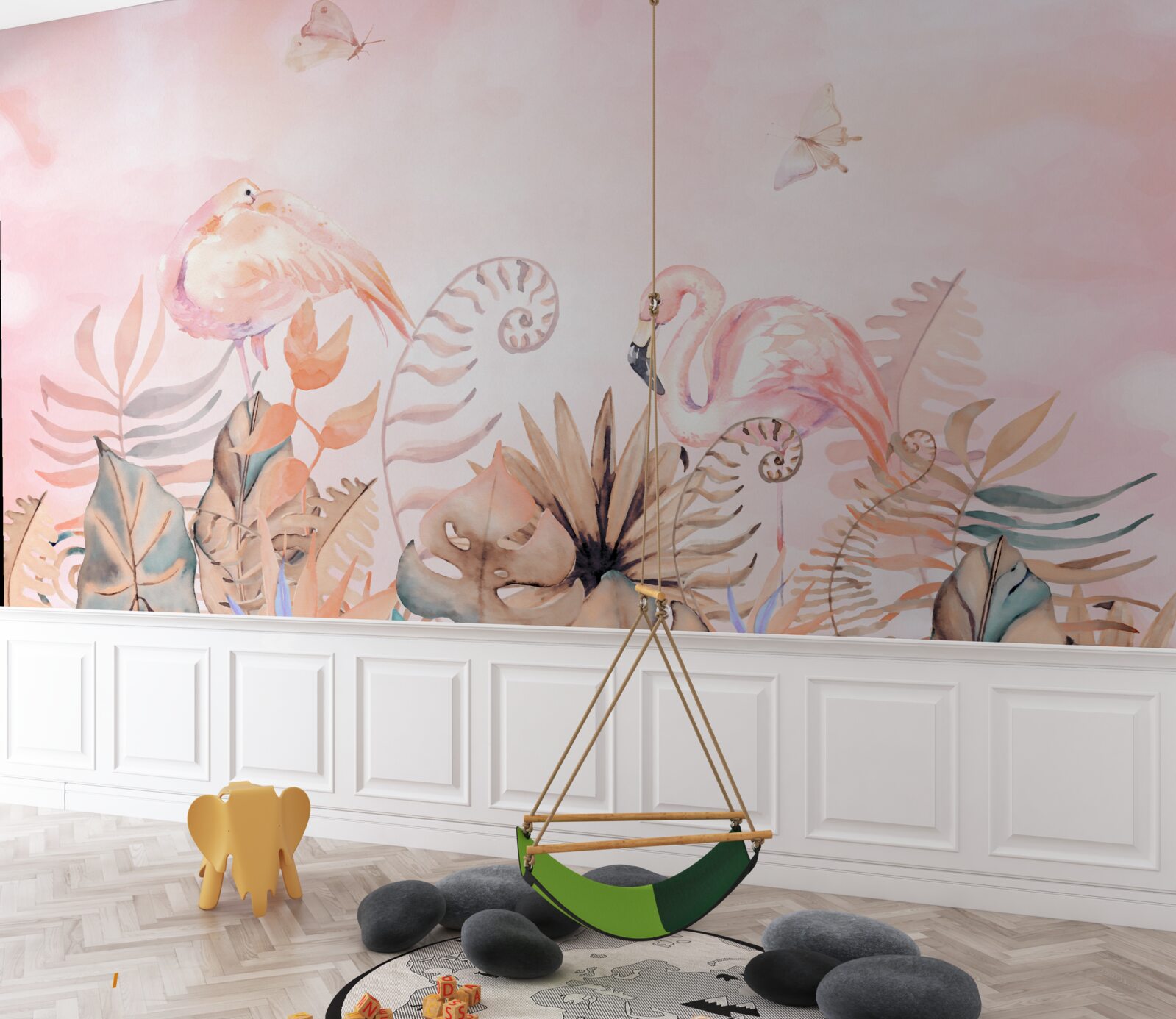 Fototapet pe ramuri sunt flamingo roz