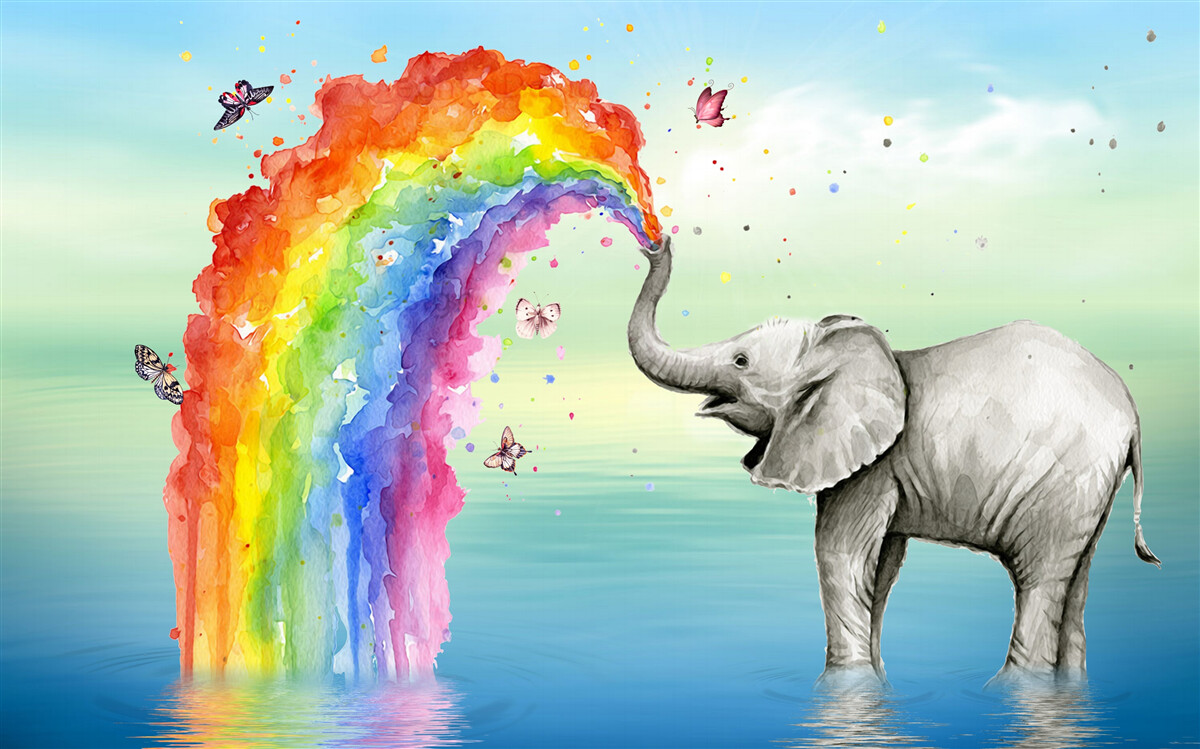 Fototapet un curcubeu zboară din trompa unui elefant