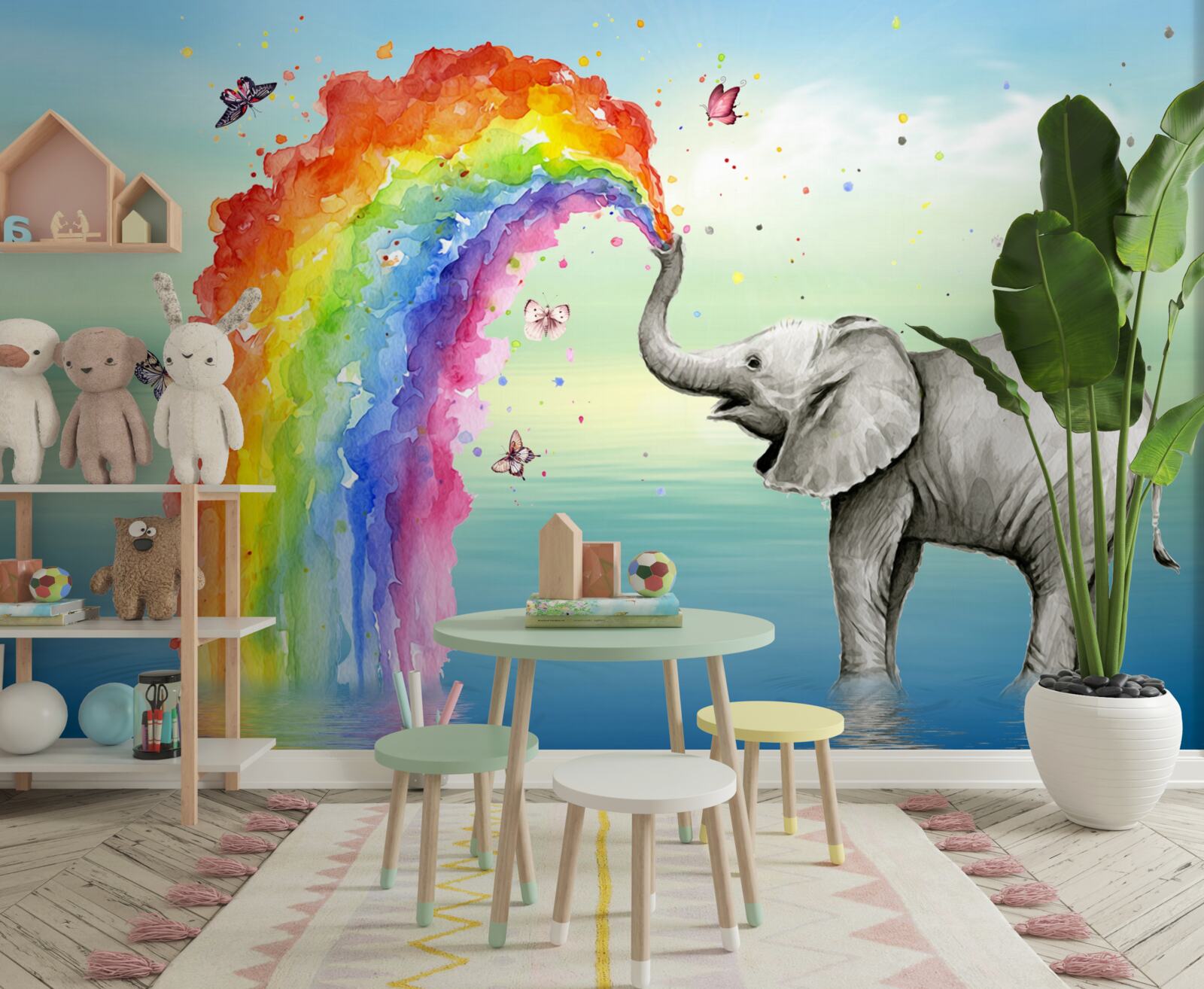 Fototapet un curcubeu zboară din trompa unui elefant