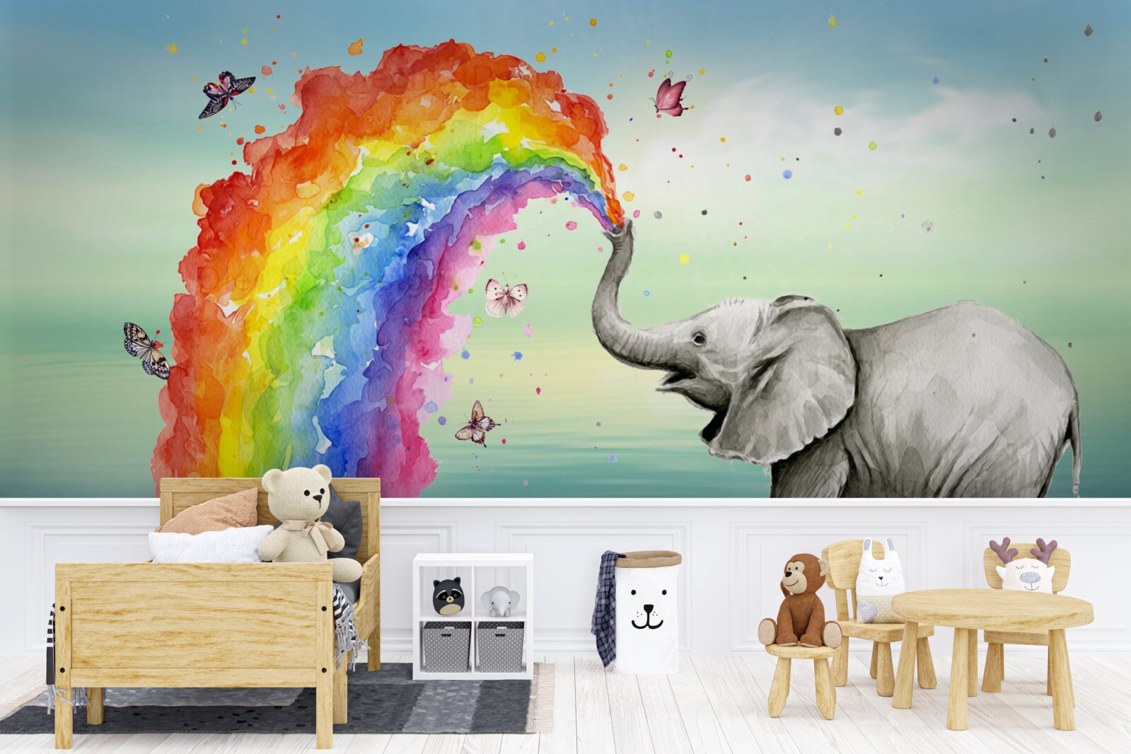 Fototapet un curcubeu zboară din trompa unui elefant