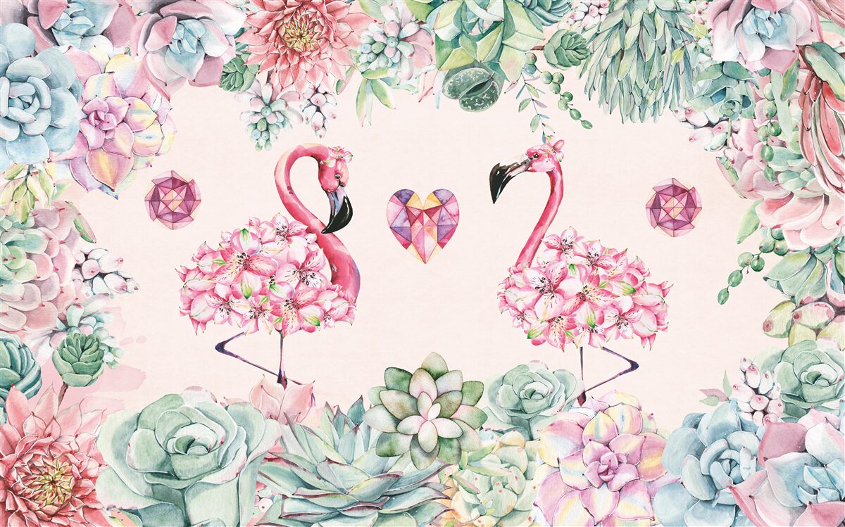Fototapet două flamingo roz printre verdeață și flori