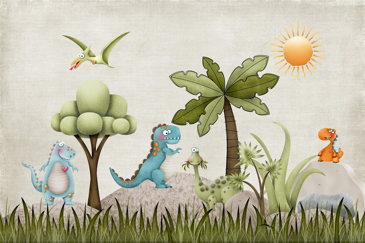 Fototapet livadă verde cu dinozauri