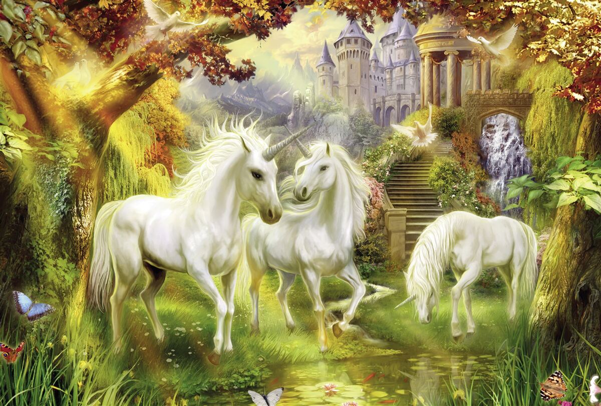 Fototapet Unicornii sunt pur albi în pădurea de lângă castel