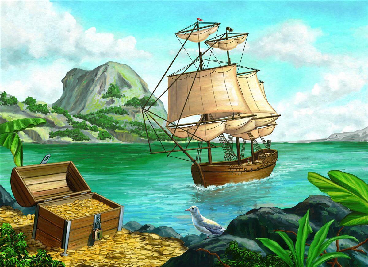 Fototapet comoara de la bordul navei se apropie de coastă