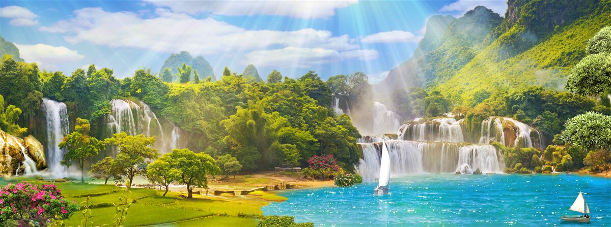 Fototapet bărci lângă cascade de apă