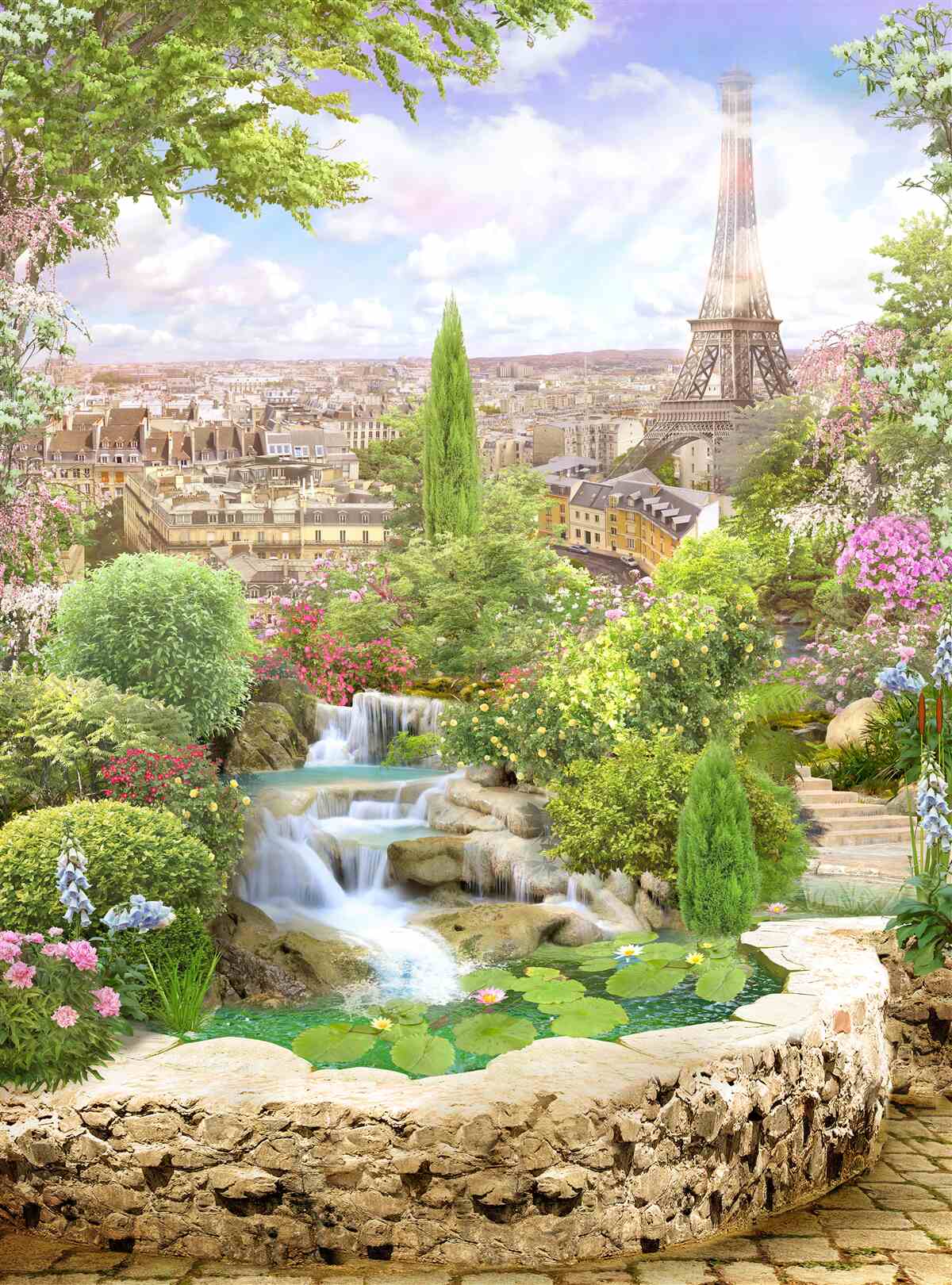 Fototapet grădină înflorită cu vedere la turnul eiffel