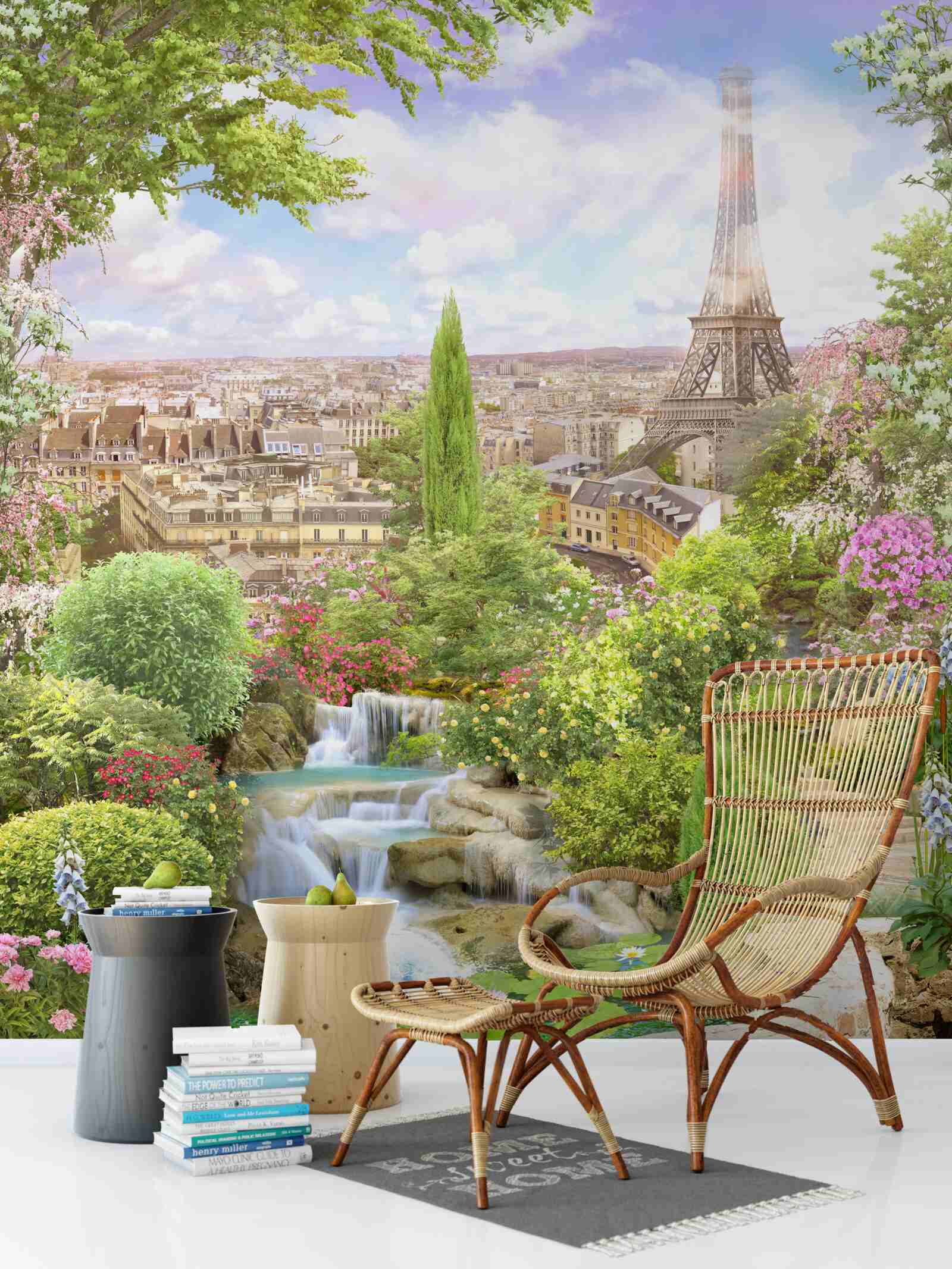 Fototapet grădină înflorită cu vedere la turnul eiffel