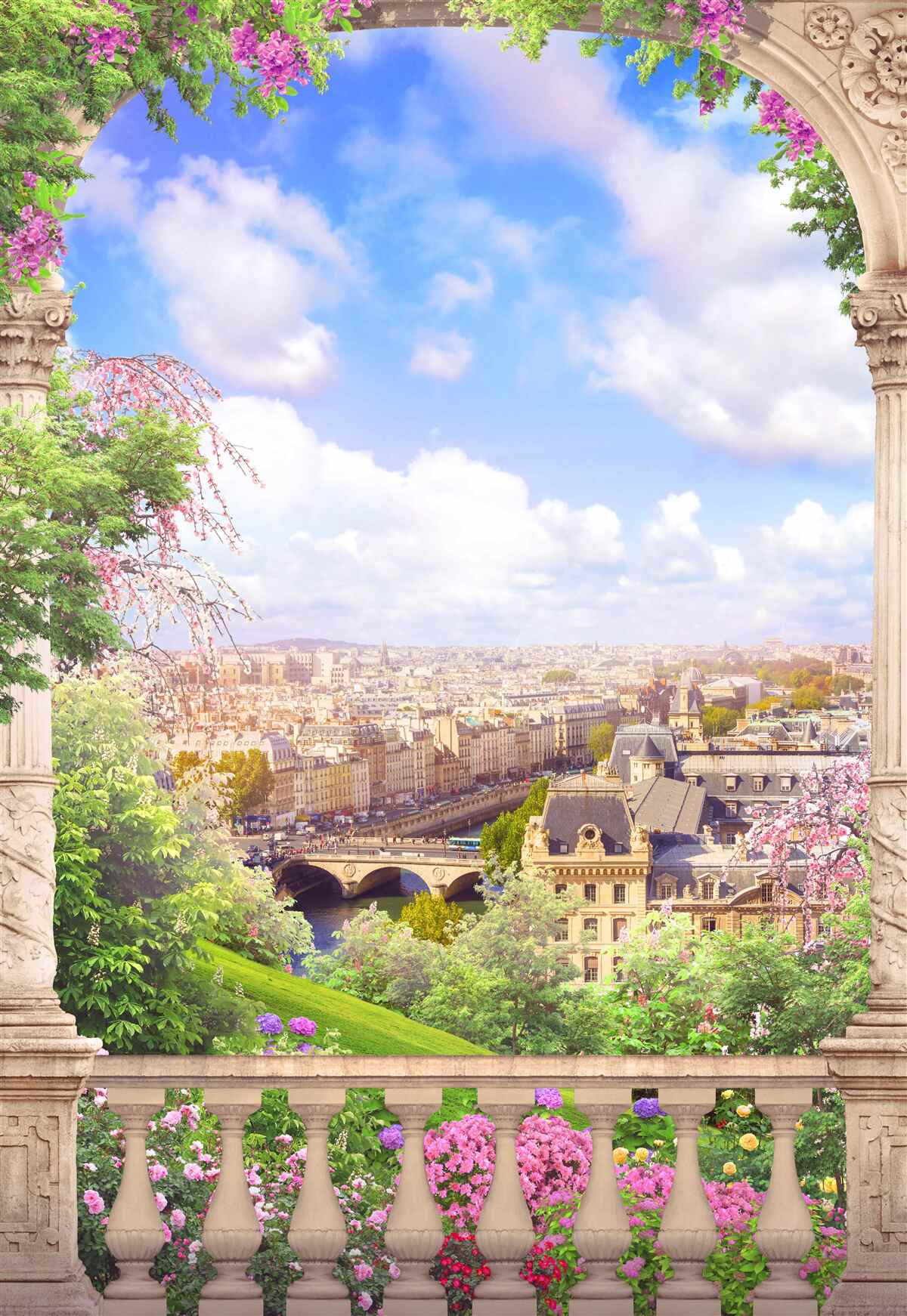Fototapet panoramă a orașului de la un balcon înflorit