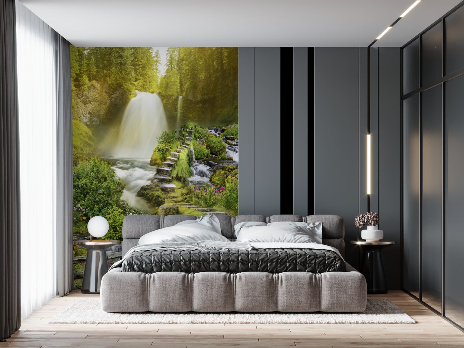 Fototapet cărare spre cascada înconjurată de verdeață