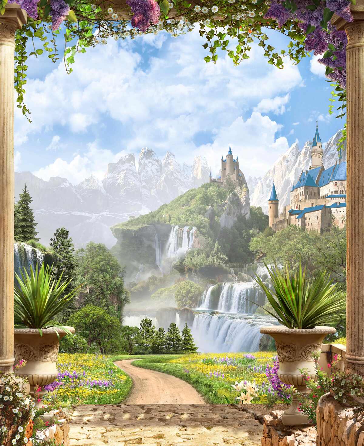Fototapet platformă cu vedere la castel și cascadă