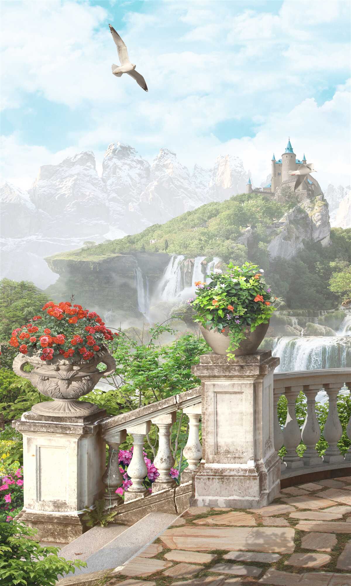 Fototapet balcon cu flori cu vedere la cascada si castel