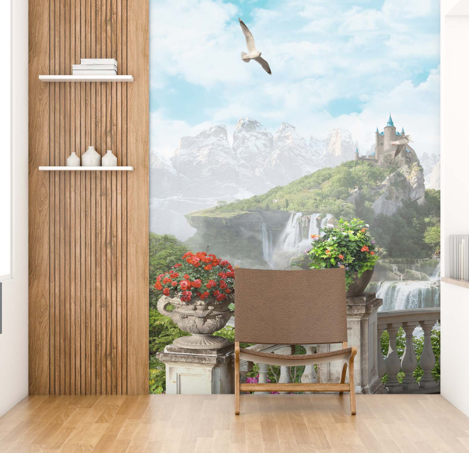 Fototapet balcon cu flori cu vedere la cascada si castel