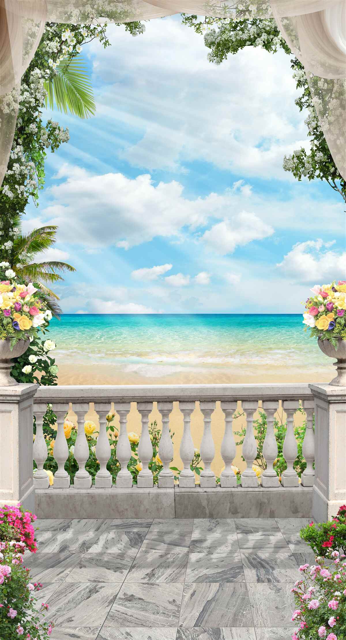 Fototapet ferestrele balconului au vedere la plaja de nisip și la mare