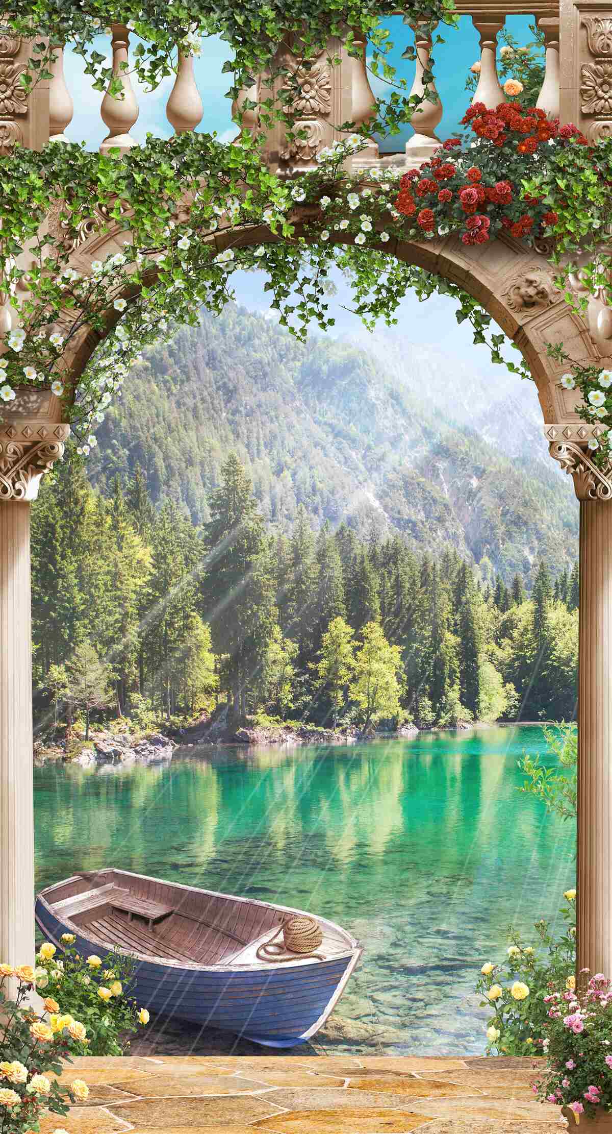 Fototapet barcă decorată cu flori lângă prova