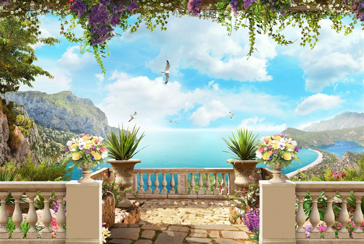 Fototapet vedere panoramică la mare și la zonele verzi din balcon