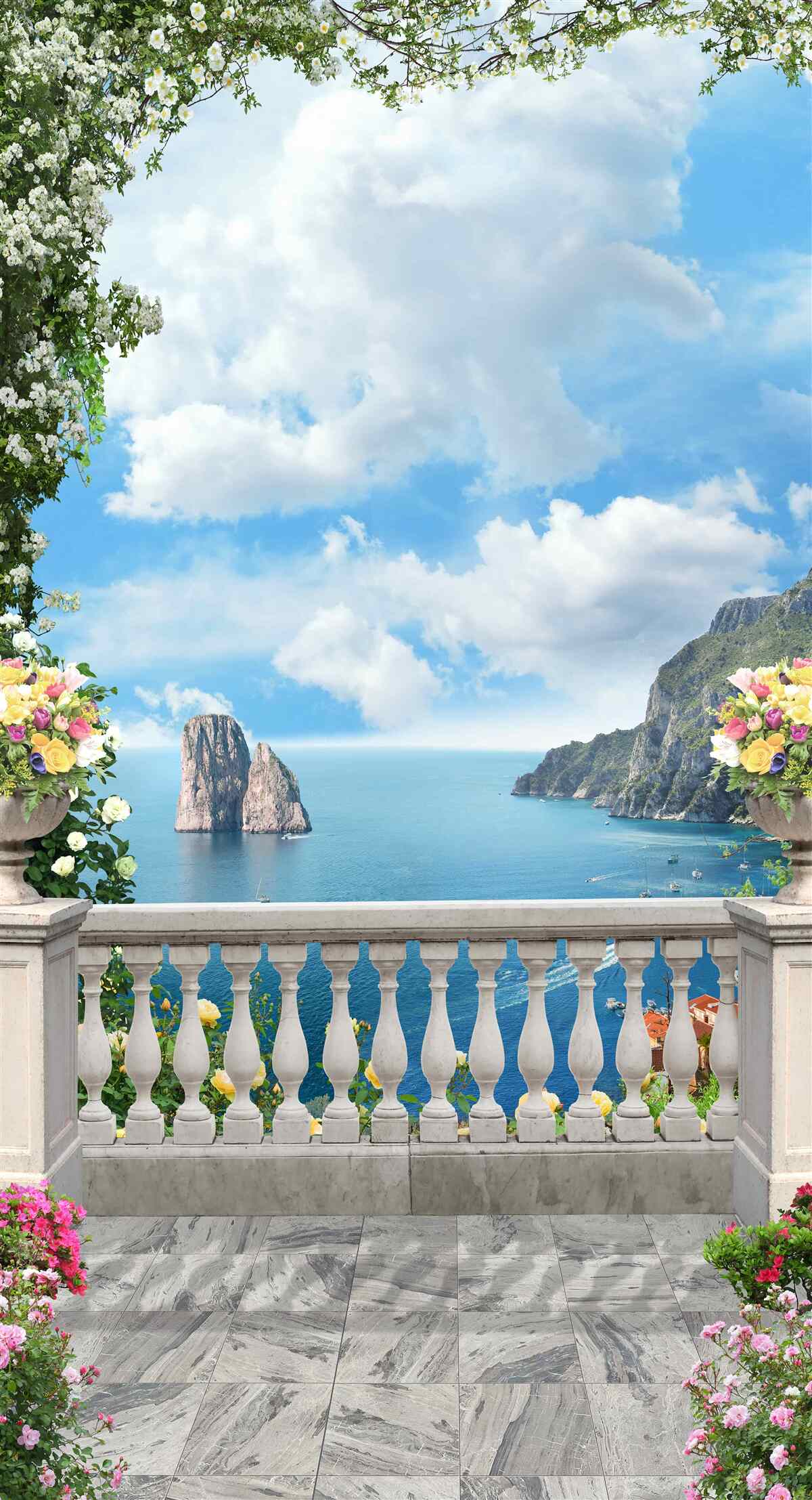 Fototapet vedere panoramică la mare și la stânci din balconul pitoresc