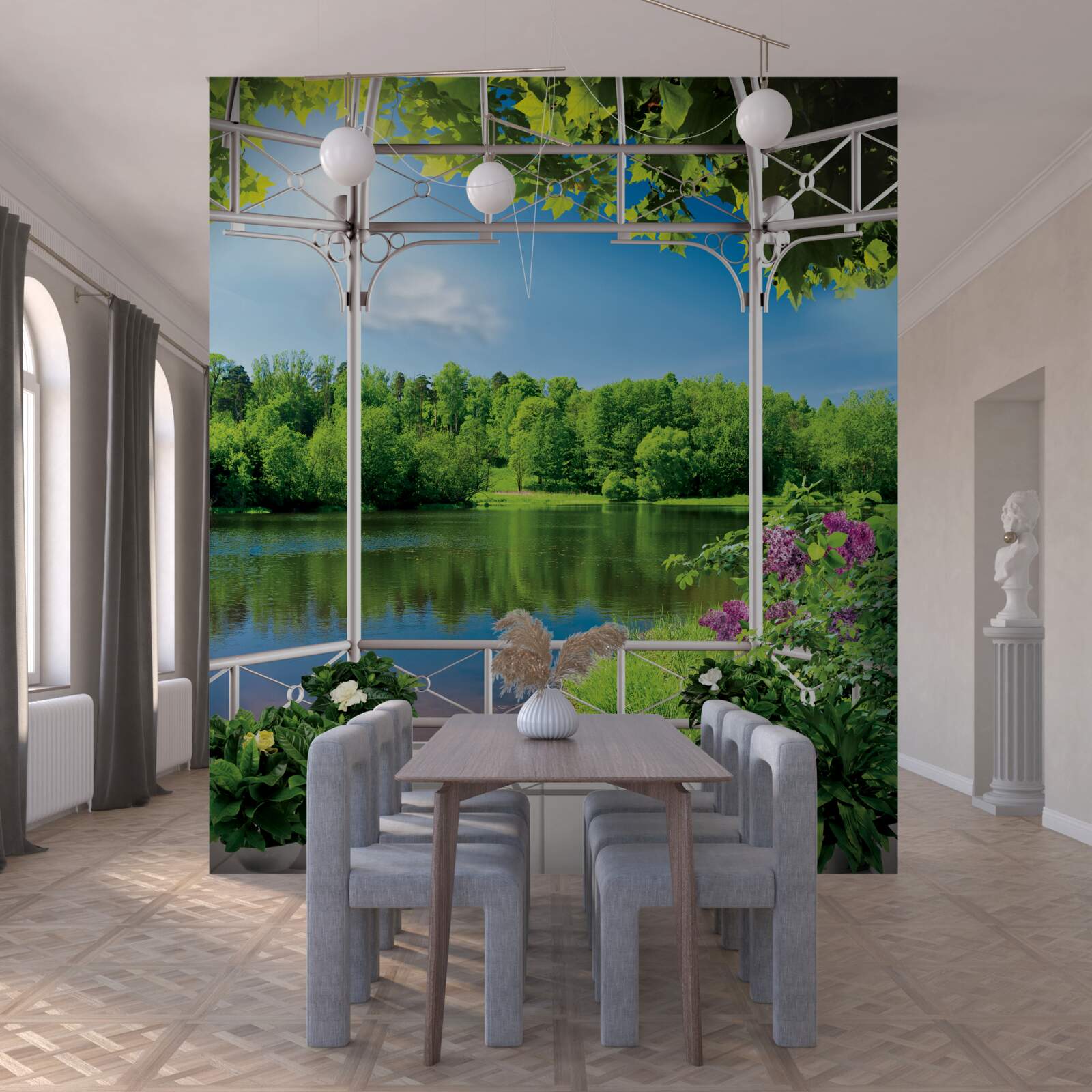 Fototapet pavilion cu plante lângă iaz