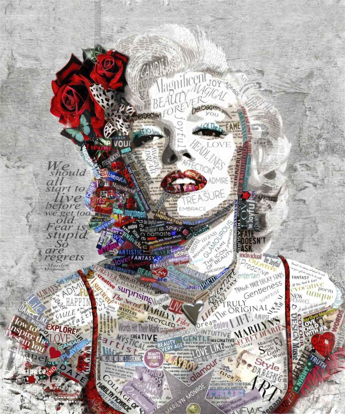 Fototapet marilyn monroe cu trandafiri rosii in par