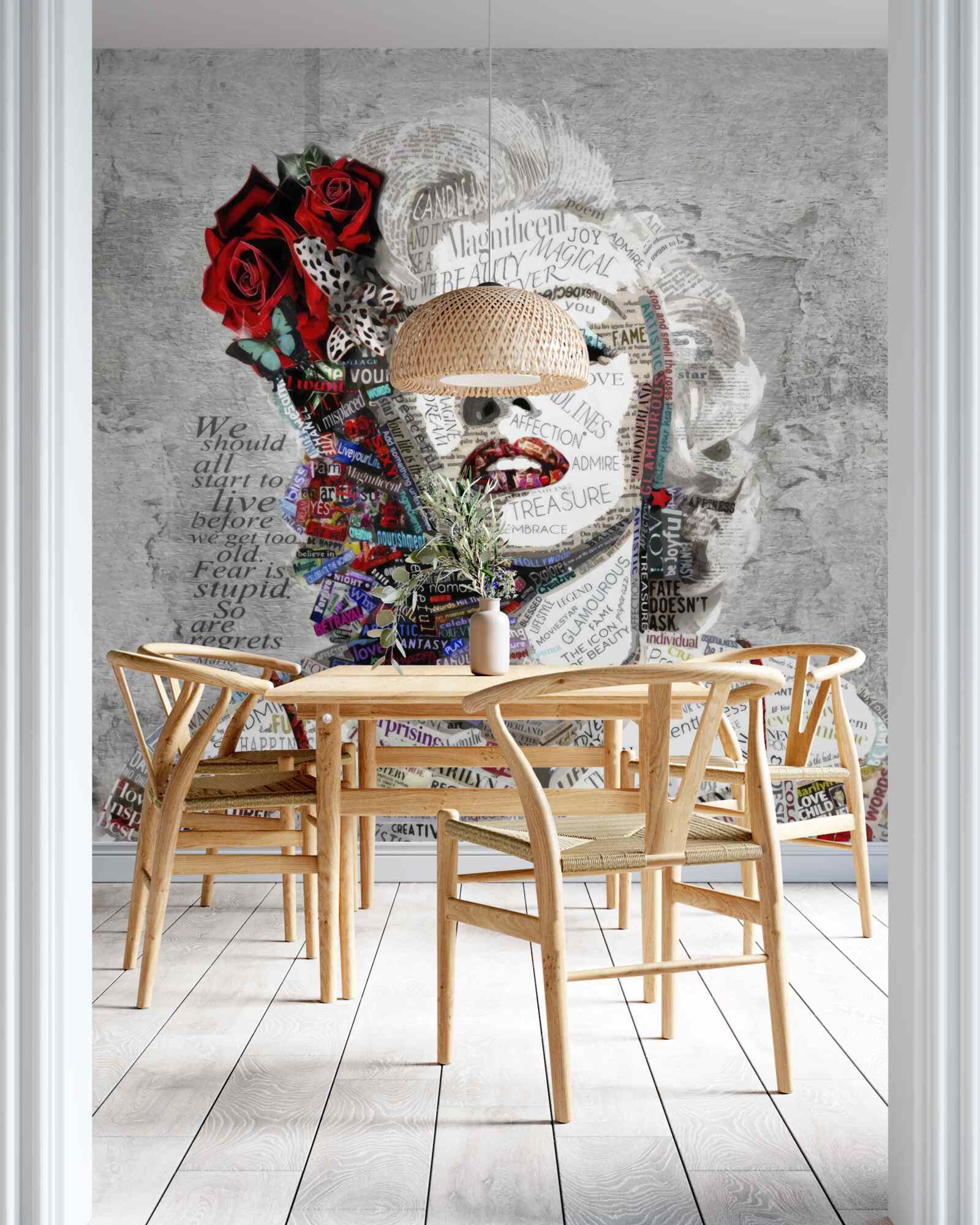 Fototapet marilyn monroe cu trandafiri rosii in par