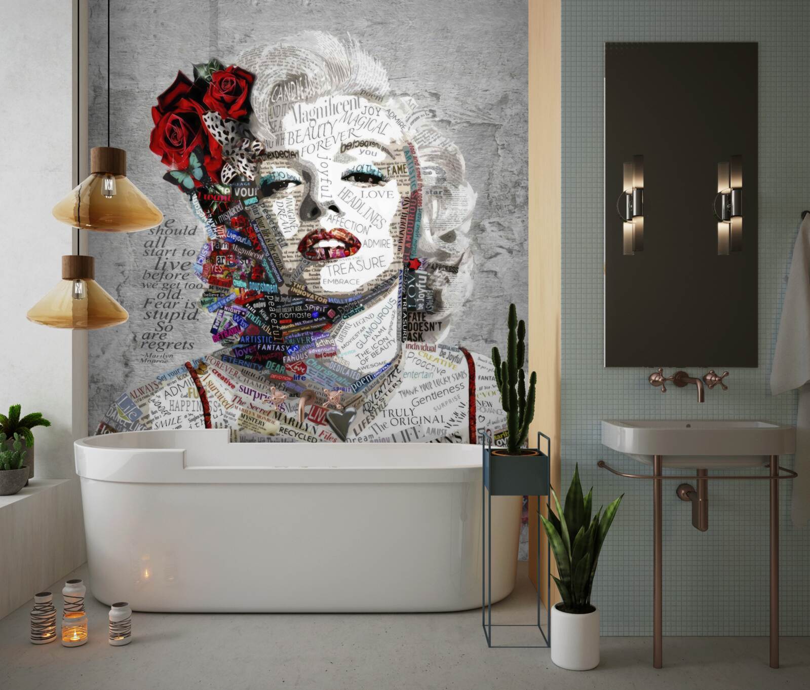 Fototapet marilyn monroe cu trandafiri rosii in par