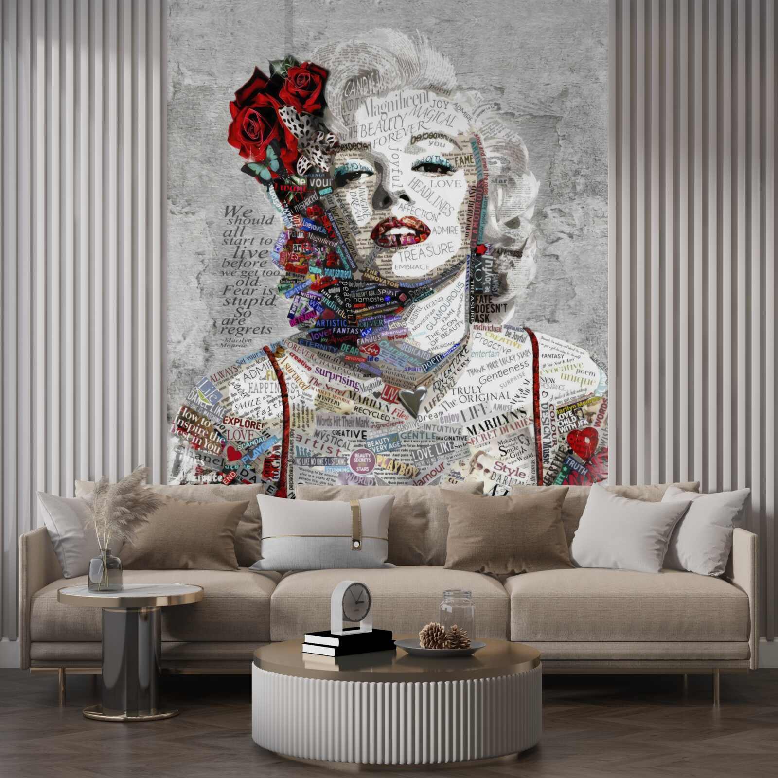 Fototapet marilyn monroe cu trandafiri rosii in par